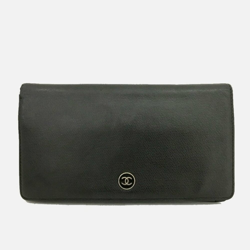CHANEL Coco Button Leather Bifold Wallet Black France